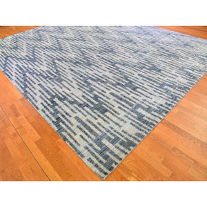 12'1"x15'3" Oversized Blue Pure Silk and Textured Wool Zigzag with Graph Design Hand Knotted Oriental Rug FWR398334