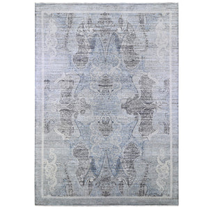 10'3"x14'3" Silk with Textured Wool Paisley and Erased Mughal Inspired Design Blue Hand Knotted Fine Oriental Rug FWR398352