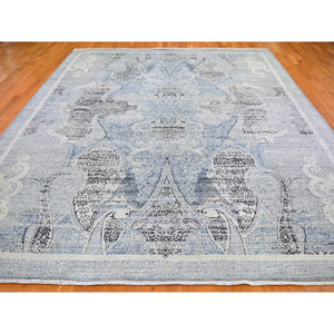 10'3"x14'3" Silk with Textured Wool Paisley and Erased Mughal Inspired Design Blue Hand Knotted Fine Oriental Rug FWR398352
