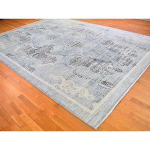 10'3"x14'3" Silk with Textured Wool Paisley and Erased Mughal Inspired Design Blue Hand Knotted Fine Oriental Rug FWR398352