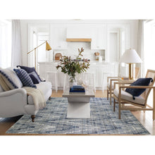 Load image into Gallery viewer, 10&#39;x10&#39; Blue Pure Silk and Textured Wool Square Zigzag with Graph Design Hand Knotted Oriental Rug FWR398400