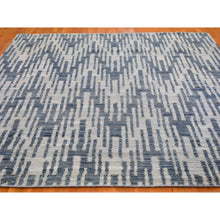 Load image into Gallery viewer, 10&#39;x10&#39; Blue Pure Silk and Textured Wool Square Zigzag with Graph Design Hand Knotted Oriental Rug FWR398400