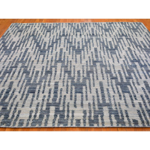 10'x10' Blue Pure Silk and Textured Wool Square Zigzag with Graph Design Hand Knotted Oriental Rug FWR398400