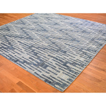 Load image into Gallery viewer, 10&#39;x10&#39; Blue Pure Silk and Textured Wool Square Zigzag with Graph Design Hand Knotted Oriental Rug FWR398400