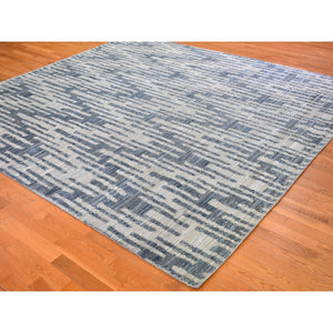 10'x10' Blue Pure Silk and Textured Wool Square Zigzag with Graph Design Hand Knotted Oriental Rug FWR398400