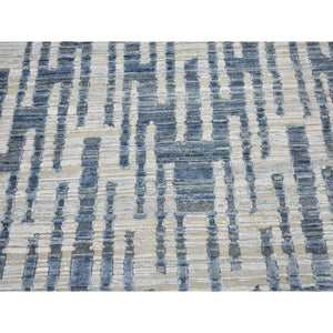 10'x10' Blue Pure Silk and Textured Wool Square Zigzag with Graph Design Hand Knotted Oriental Rug FWR398400
