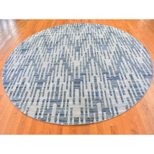 Load image into Gallery viewer, 10&#39;1&quot;x10&#39;1&quot; Hand Knotted Blue Pure Silk and Textured Wool Round Zigzag with Graph Design Oriental Rug FWR398790