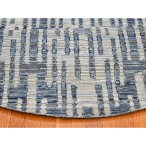 10'1"x10'1" Hand Knotted Blue Pure Silk and Textured Wool Round Zigzag with Graph Design Oriental Rug FWR398790