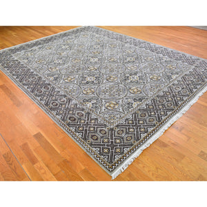 9'1"x12' Textured Wool and Silk Mughal Inspired Medallions Design Hand Knotted Brown Oriental Rug FWR398856