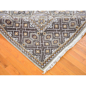 9'1"x12' Textured Wool and Silk Mughal Inspired Medallions Design Hand Knotted Brown Oriental Rug FWR398856
