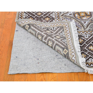 9'x12'2" Textured Wool and Silk Mughal Inspired Medallions Design Hand Knotted Brown Oriental Rug FWR398874