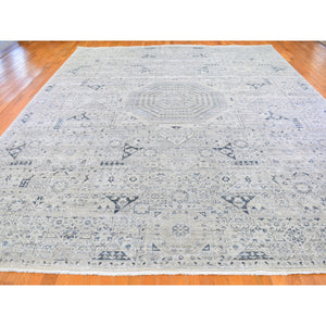 12'x15'2" Pure Silk with Textured Wool Blue-Gray Mamluk Design Hand Knotted Oriental Rug FWR398880