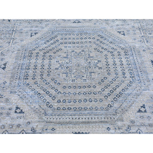 12'x15'2" Pure Silk with Textured Wool Blue-Gray Mamluk Design Hand Knotted Oriental Rug FWR398880
