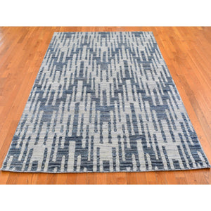 6'x9'2" Blue Pure Silk and Textured Wool Zigzag with Graph Design Hand Knotted Oriental Rug FWR398910