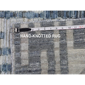 6'x9'2" Blue Pure Silk and Textured Wool Zigzag with Graph Design Hand Knotted Oriental Rug FWR398910