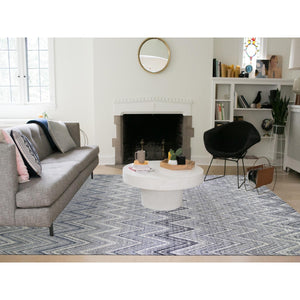 14'1"x18'1" Oversized Gray-Blue Chevron Design Textured Wool and Pure Silk Hand Knotted Oriental Rug FWR398928