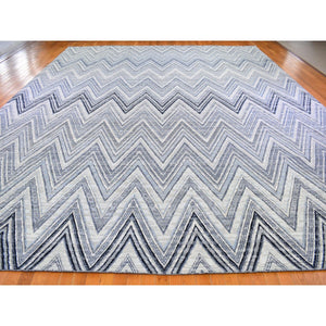 14'1"x18'1" Oversized Gray-Blue Chevron Design Textured Wool and Pure Silk Hand Knotted Oriental Rug FWR398928