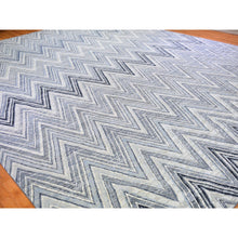 Load image into Gallery viewer, 14&#39;1&quot;x18&#39;1&quot; Oversized Gray-Blue Chevron Design Textured Wool and Pure Silk Hand Knotted Oriental Rug FWR398928