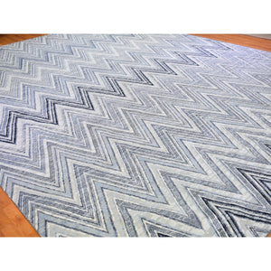 14'1"x18'1" Oversized Gray-Blue Chevron Design Textured Wool and Pure Silk Hand Knotted Oriental Rug FWR398928