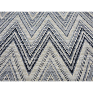 14'1"x18'1" Oversized Gray-Blue Chevron Design Textured Wool and Pure Silk Hand Knotted Oriental Rug FWR398928
