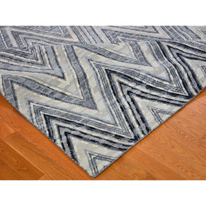 14'1"x18'1" Oversized Gray-Blue Chevron Design Textured Wool and Pure Silk Hand Knotted Oriental Rug FWR398928