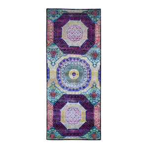 4'1"x10'4" Colorful Sari Silk with Textured Wool Mamluk Design Hand Knotted Oriental Rug FWR398964