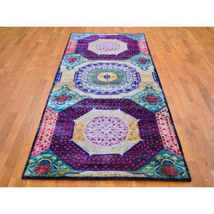 4'1"x10'4" Colorful Sari Silk with Textured Wool Mamluk Design Hand Knotted Oriental Rug FWR398964