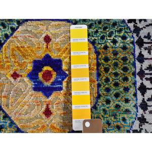 4'1"x10'4" Colorful Sari Silk with Textured Wool Mamluk Design Hand Knotted Oriental Rug FWR398964