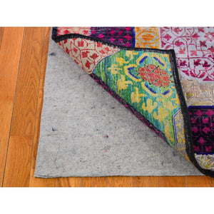 4'1"x10'4" Colorful Sari Silk with Textured Wool Mamluk Design Hand Knotted Oriental Rug FWR398964
