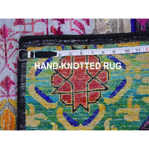 4'1"x10'4" Colorful Sari Silk with Textured Wool Mamluk Design Hand Knotted Oriental Rug FWR398964