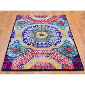 4'x6'2" Sari Silk with Textured Wool Mamluk Design Colorful Hand Knotted Oriental Rug FWR398970
