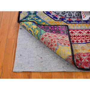4'x6'2" Sari Silk with Textured Wool Mamluk Design Colorful Hand Knotted Oriental Rug FWR398970