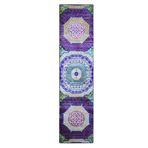 2'6"x10'4" Colorful Sari Silk with Textured Wool Mamluk Design Hand Knotted Runner Oriental Rug FWR398976
