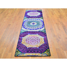 Load image into Gallery viewer, 2&#39;6&quot;x10&#39;4&quot; Colorful Sari Silk with Textured Wool Mamluk Design Hand Knotted Runner Oriental Rug FWR398976