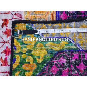 2'6"x10'4" Colorful Sari Silk with Textured Wool Mamluk Design Hand Knotted Runner Oriental Rug FWR398976