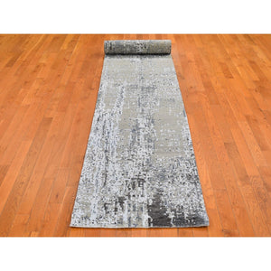 2'6"x12' Wool Persian Knot Runner Abstract Design Denser Weave Silver Hand Knotted Oriental Rug FWR399018