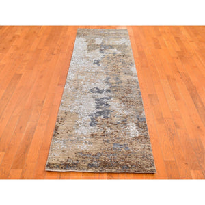 2'6"x10' Brown Abstract Design Wool and Silk Hi-Low Pile Denser Weave Hand Knotted Runner Oriental Rug FWR399024