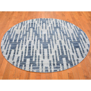 6'1"x6'1" Blue Pure Silk and Textured Wool Zigzag with Graph Design Hand Knotted Round Oriental Rug FWR399084