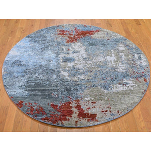 6'x6' Denser Weave Charcoal Gray Round Abstract Design Wool and Silk Hand Knotted Oriental Rug FWR399096