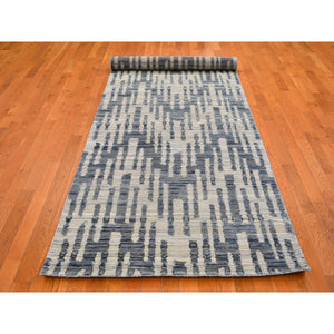 4'x12'4" Zigzag with Graph Design Blue Pure Silk and Textured Wool Wide Runner Hand Knotted Oriental Rug FWR399108