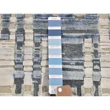 Load image into Gallery viewer, 4&#39;x12&#39;4&quot; Zigzag with Graph Design Blue Pure Silk and Textured Wool Wide Runner Hand Knotted Oriental Rug FWR399108