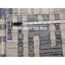 Load image into Gallery viewer, 4&#39;x12&#39;4&quot; Zigzag with Graph Design Blue Pure Silk and Textured Wool Wide Runner Hand Knotted Oriental Rug FWR399108
