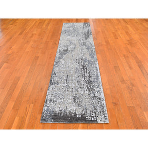 2'6"x12' Gray Persian Knot with Abstract Design Wool Denser Weave Hand Knotted Runner Oriental Rug FWR399162