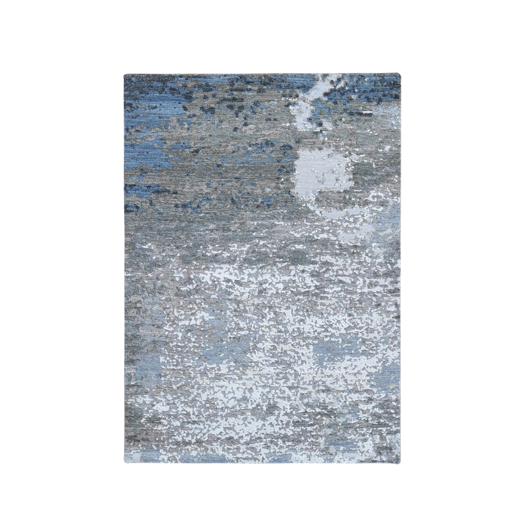 4'x6' Blue Abstract Design Wool and Silk Hi-Low Pile Denser Weave Hand Knotted Oriental Rug FWR399168