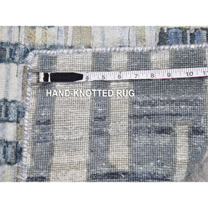 2'6"x6'2" Blue Pure Silk and Textured Wool Runner Zigzag with Graph Design Hand Knotted Oriental Rug FWR399180