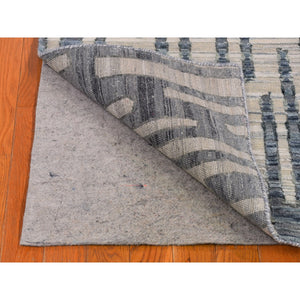 2'7"x8'2" Blue Pure Silk and Textured Wool Zigzag with Graph Design Hand Knotted Runner Oriental Rug FWR399210