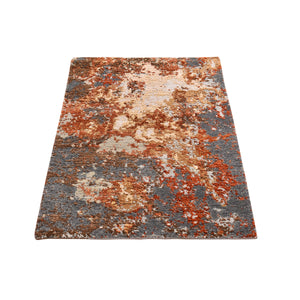 2'6"x4'1" Gray Abstract Design Wool and Silk Hi-Low Pile Denser Weave Hand Knotted Oriental Rug FWR399234