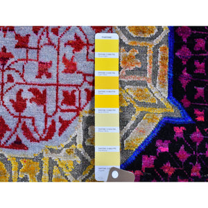 4'1"x12'3" Sari Silk with Textured Wool Mamluk Design Colorful Hand Knotted Runner Oriental Rug FWR399264