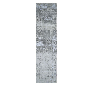 2'5"x10'3" Denser Weave Persian Knot with Abstract Design Wool Gray Hand Knotted Runner Oriental Rug FWR399318