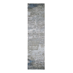 2'6"x10'6" Abstract Design Wool and Silk Hi-Low Pile Gray Denser Weave Hand Knotted Runner Oriental Rug FWR399336